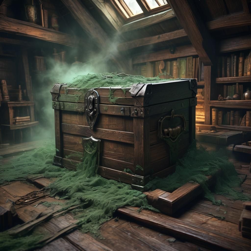 Mysterious Chest Unleashes Green Mist in Dark Fantasy Style