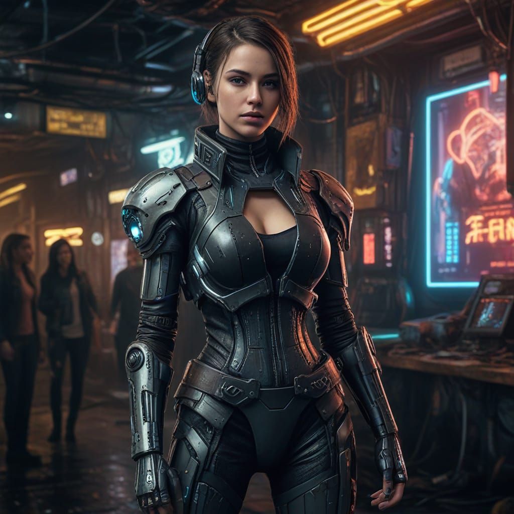 Futuristic Cyberpunk Lady in Steampunk Spaceship