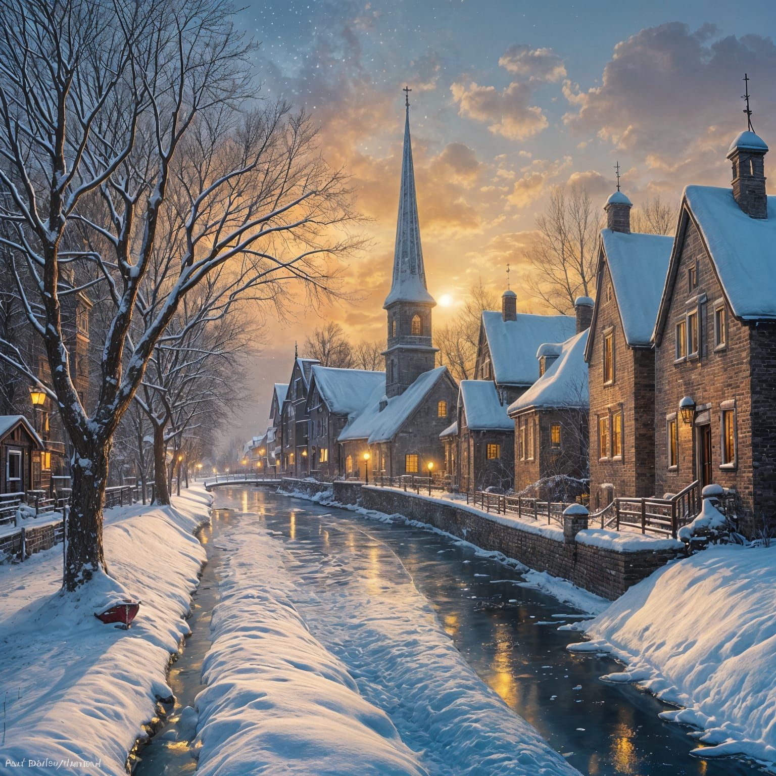 European Village Canal Winter Evening Oil Painting