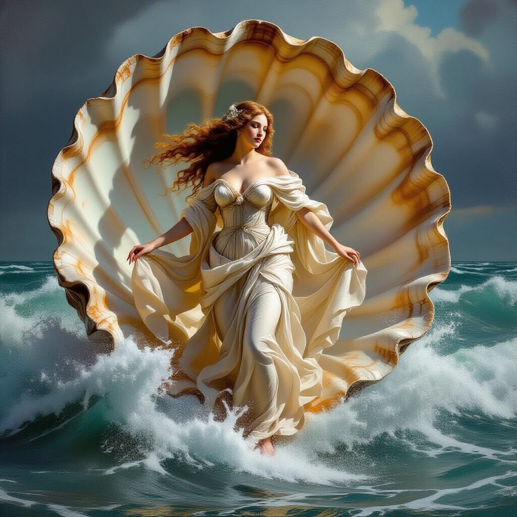 Aphrodite Surfing in Seashell: Old Masters Style