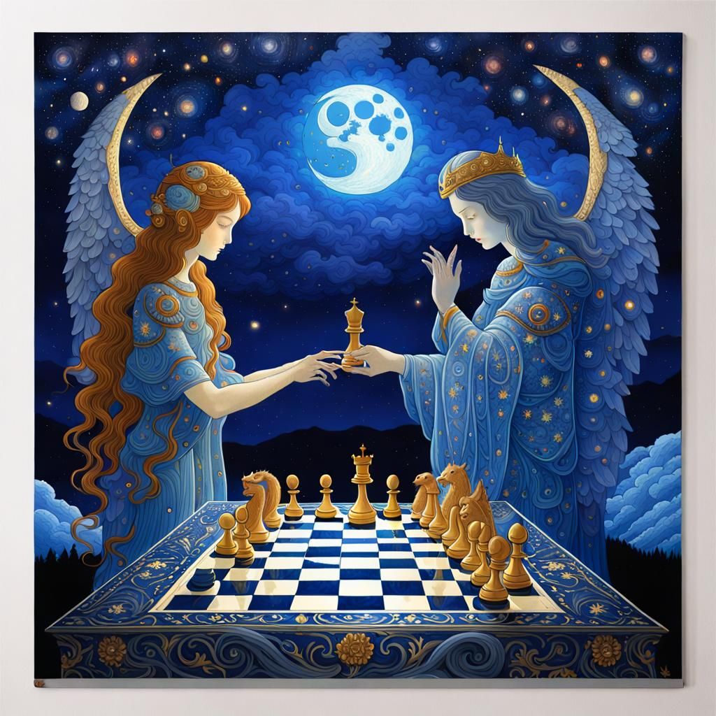 Epic Blue Galaxy Angel Chess Game Portrait