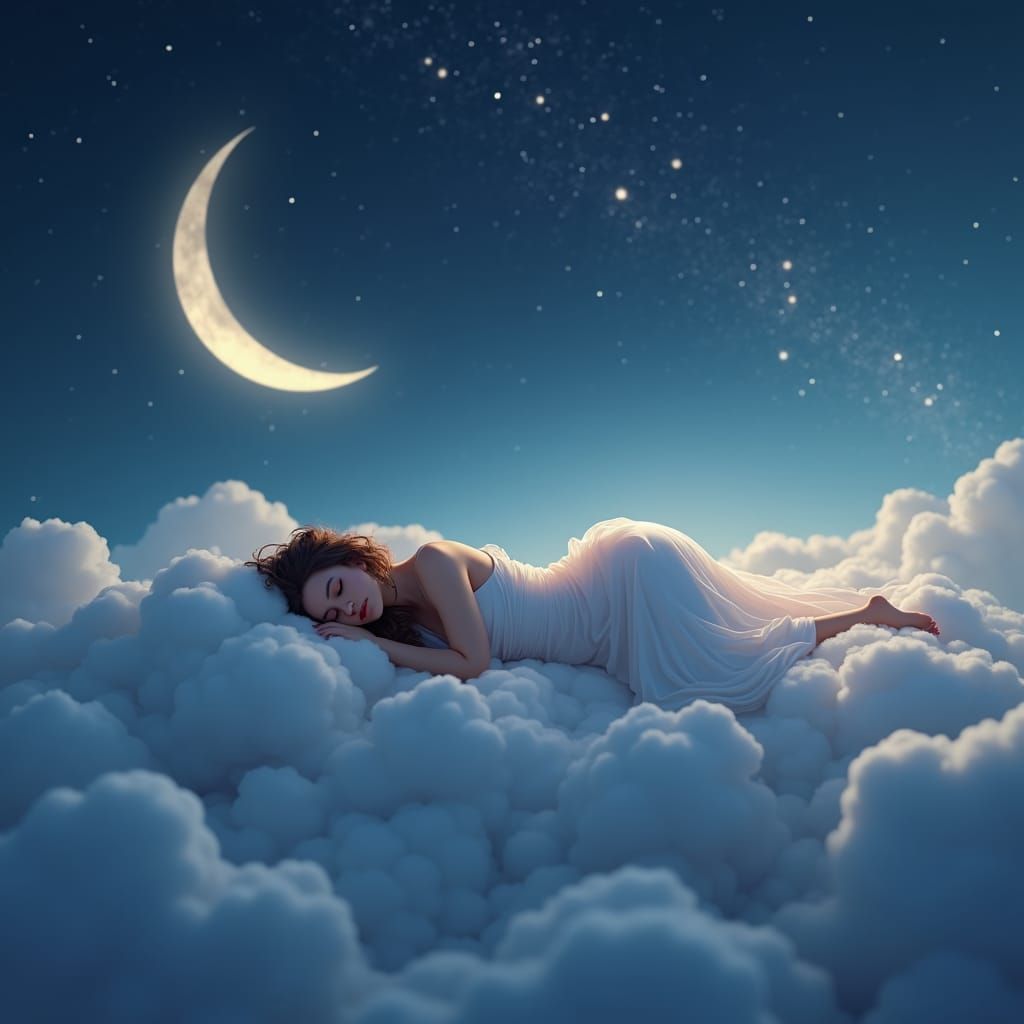 Dreamy Woman Sleeping on Cloud in Fantasy Art