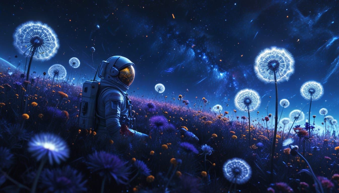 Astronaut Among Giant Glowing Dandelions in Deep Space