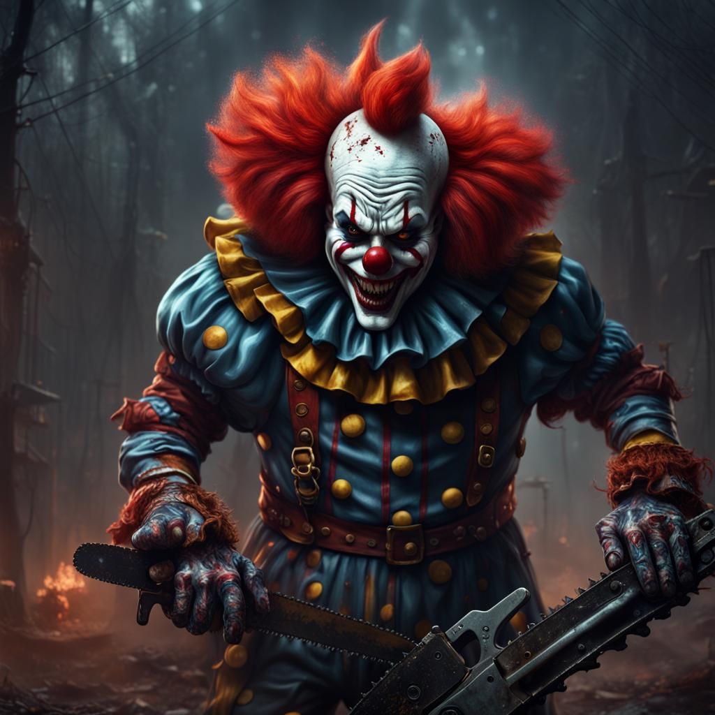 evil clown with a chainsaw