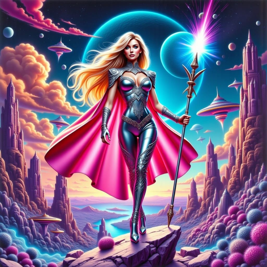 Intergalactic Amazon Heroine in Retrofuturistic Sci-Fi Style