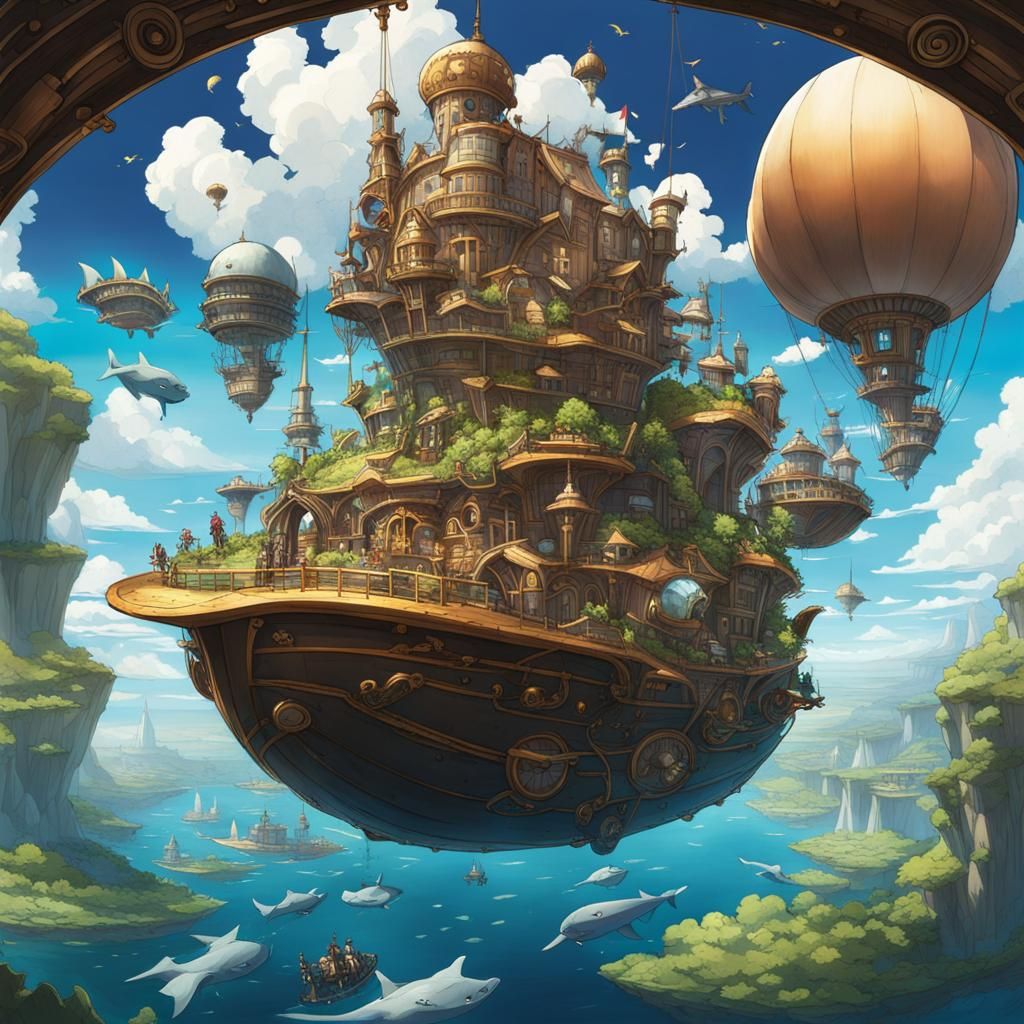 Steampunk Whales in Magical Floating Landscape