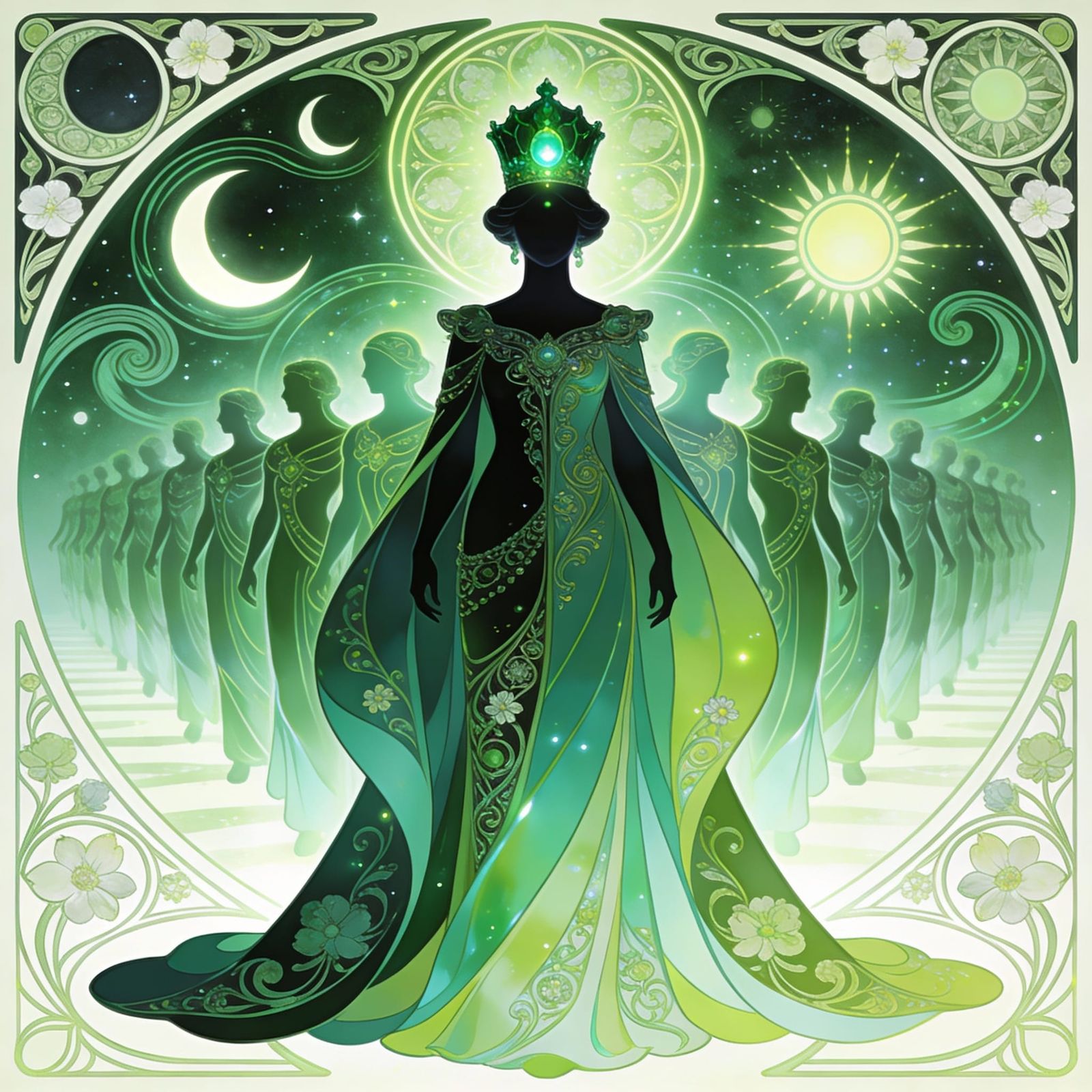 Green Queen's Regal Procession in Art Nouveau Style