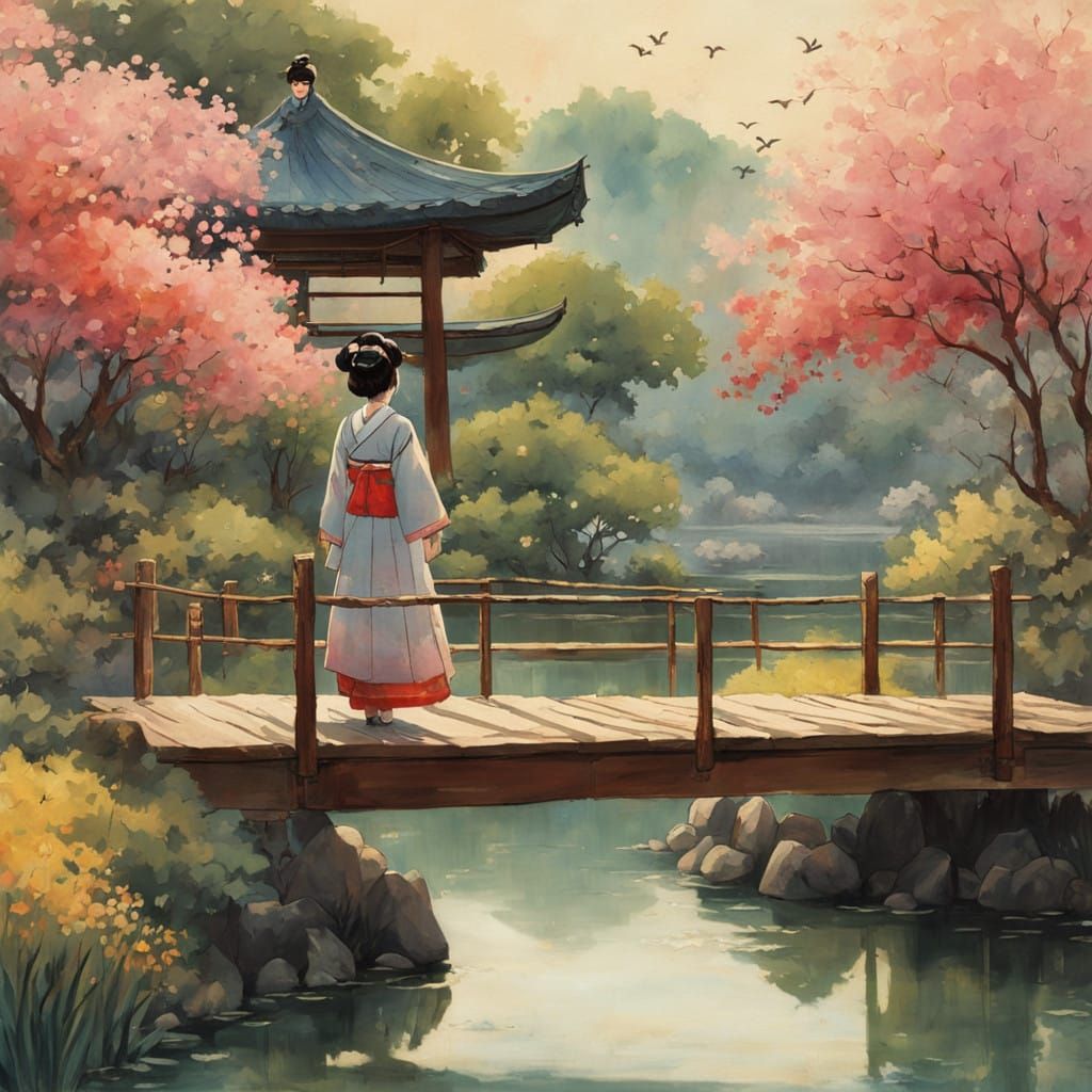 Serene Joseon Woman on a Vibrant Lake Bridge