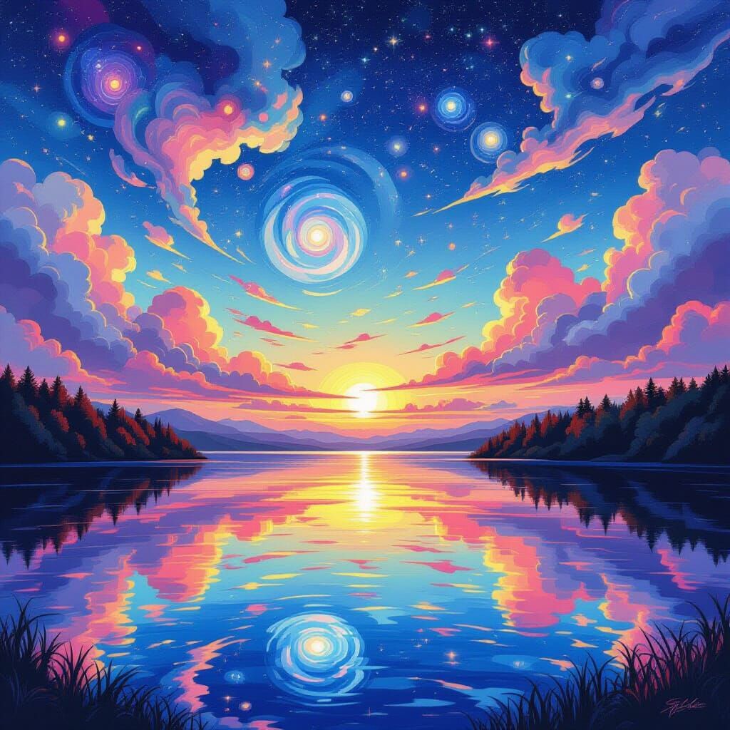 Psychedelic Lake Scene with Cosmic Sky