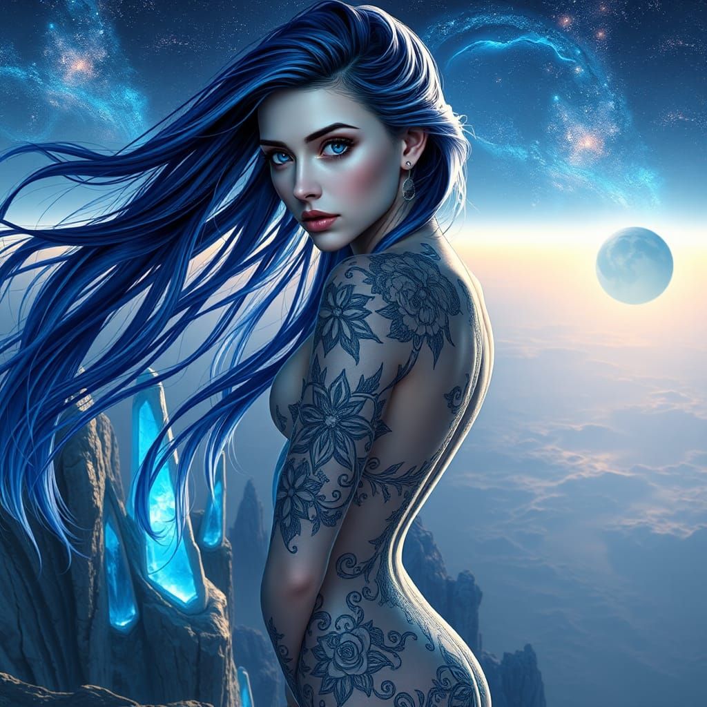 Ethereal Woman with Crystal Formations in Hyperrealism