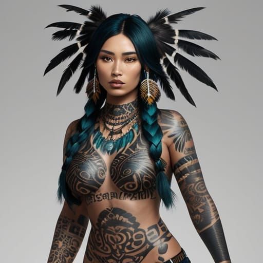 Beautiful Native Woman with Feathers and Gold Accents