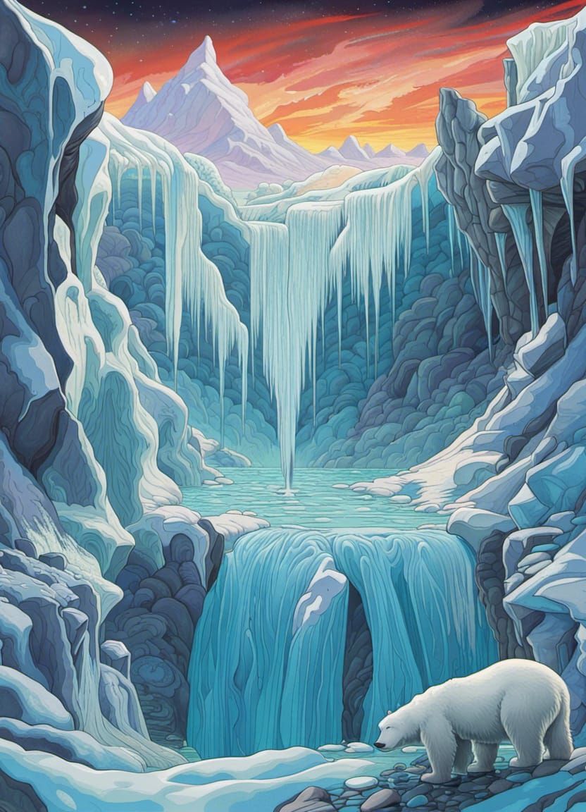 Ice bear at a frozen waterfall