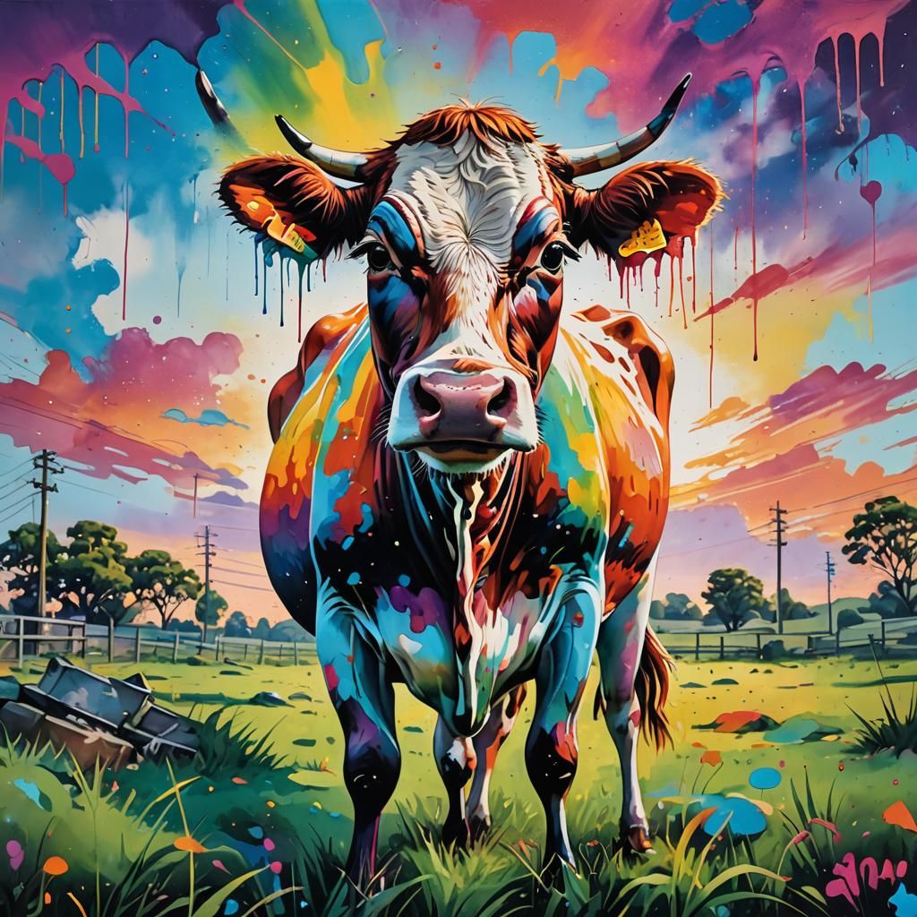 Polychromatic Cow in Graffiti Street Art Style