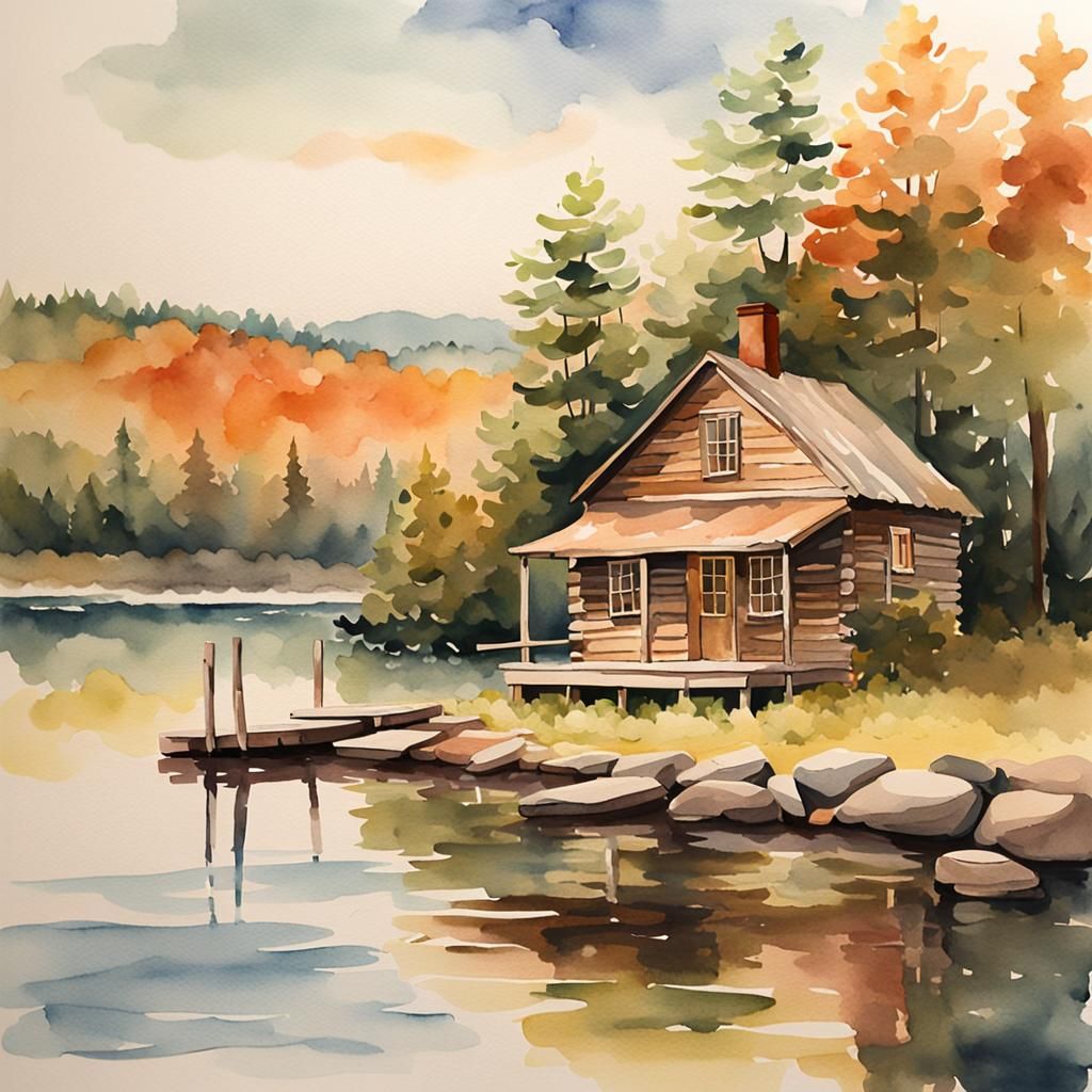Restored Cabin on Lake Shore in Watercolor