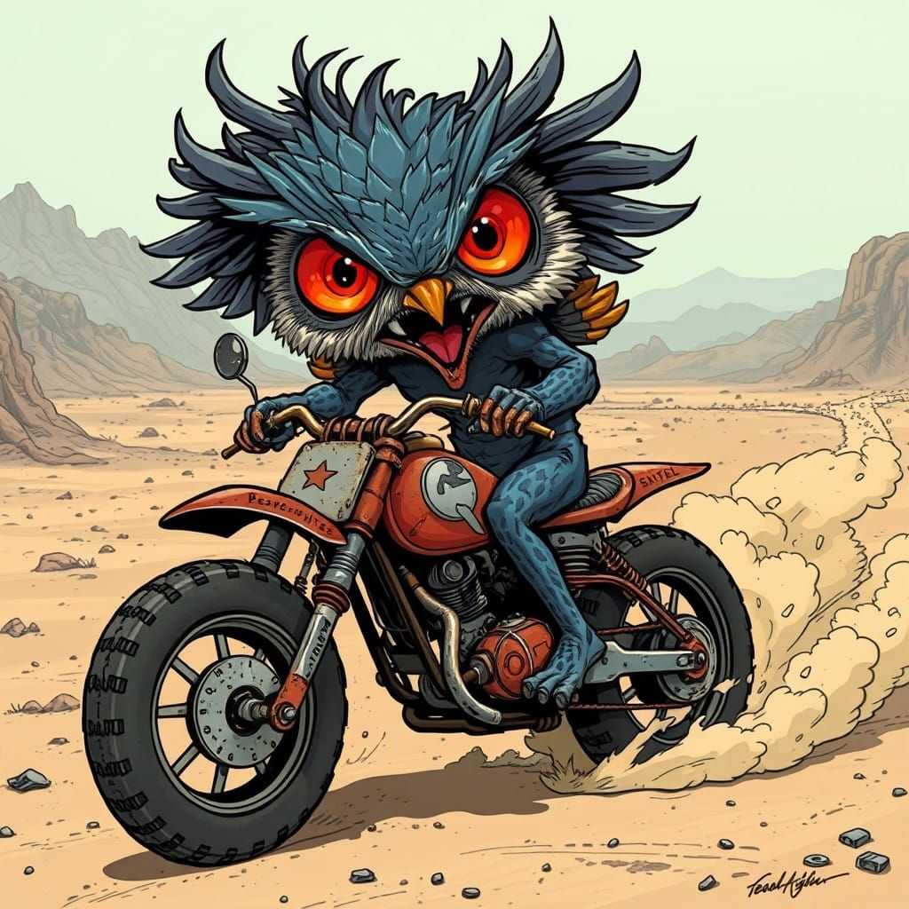 Cyberpunk Owl on a Mad Magazine-Inspired Dirt-Bike