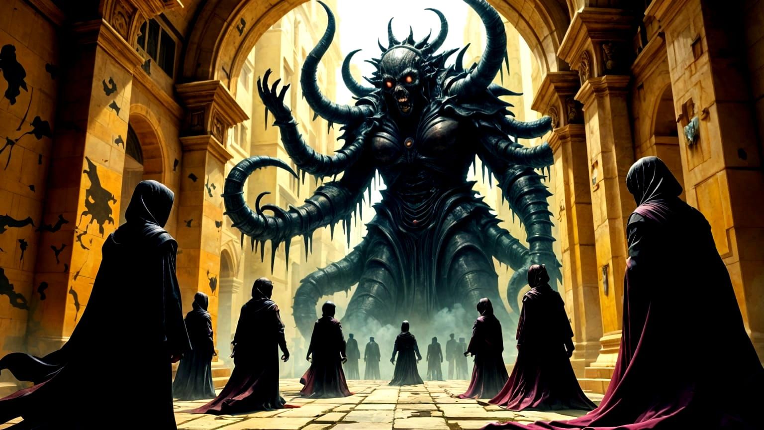 Cultists Fleeing Elder Gods in Maximalist Style