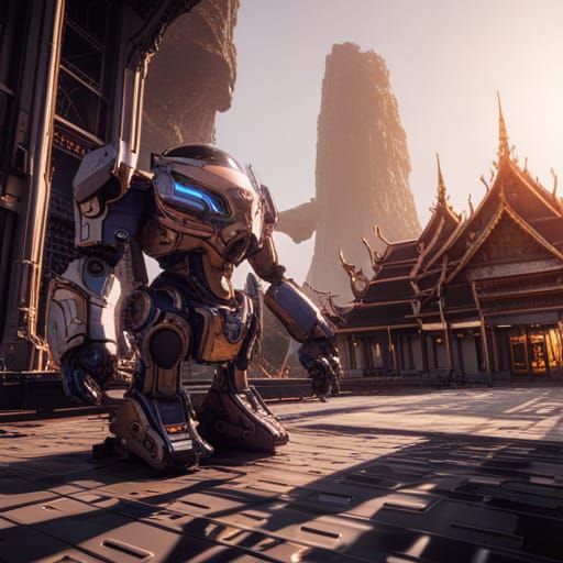 Futuristic Spaceship and Thai Temple in Sci-Fi Style