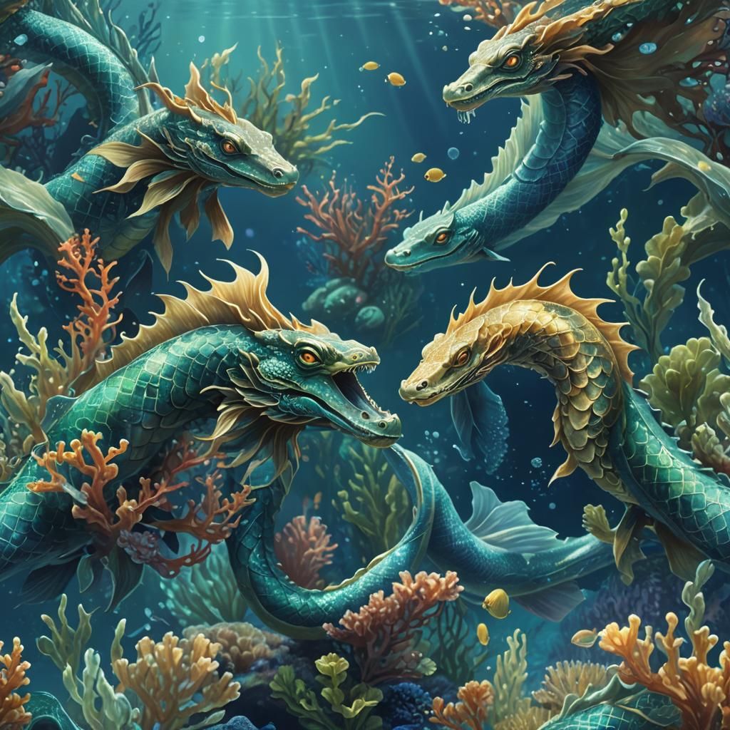 Naga Creatures in a Luminous Deep Blue Ocean