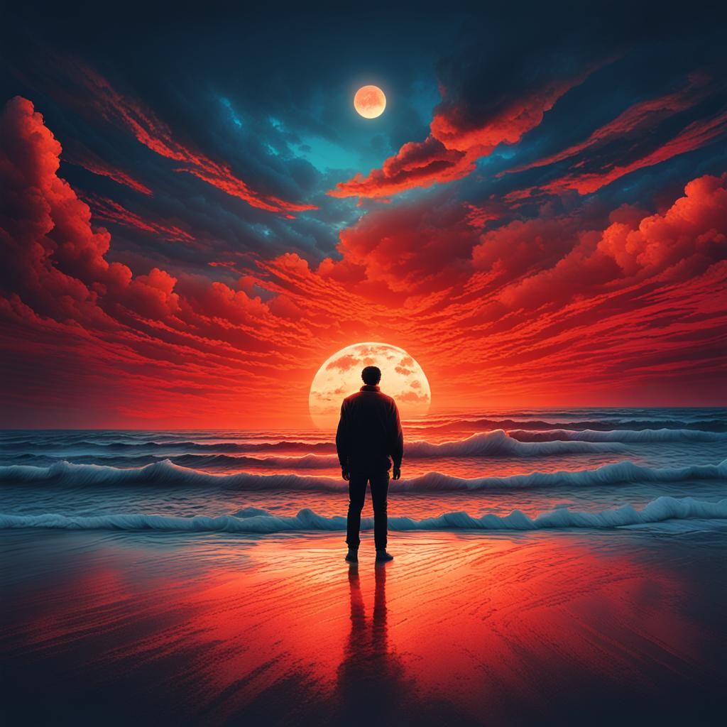 Surreal Sunset Beach Scene in Digital Illustration Style