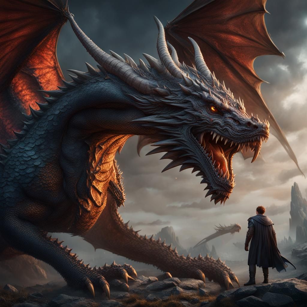 Hyperrealistic Wolf Battles Dragon: Fantasy Concept Art