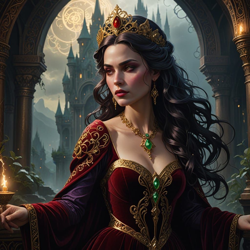 Surreal Dark Fantasy Queen in Majestic Red Velvet Gown
