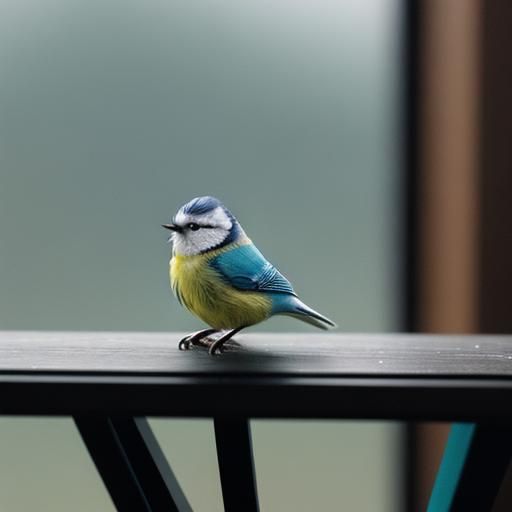 Blue Tit Perched on Chair in Cinematic Style