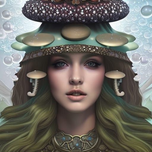 Mushroom Maiden Portrait in Steampunk Glowcore Style