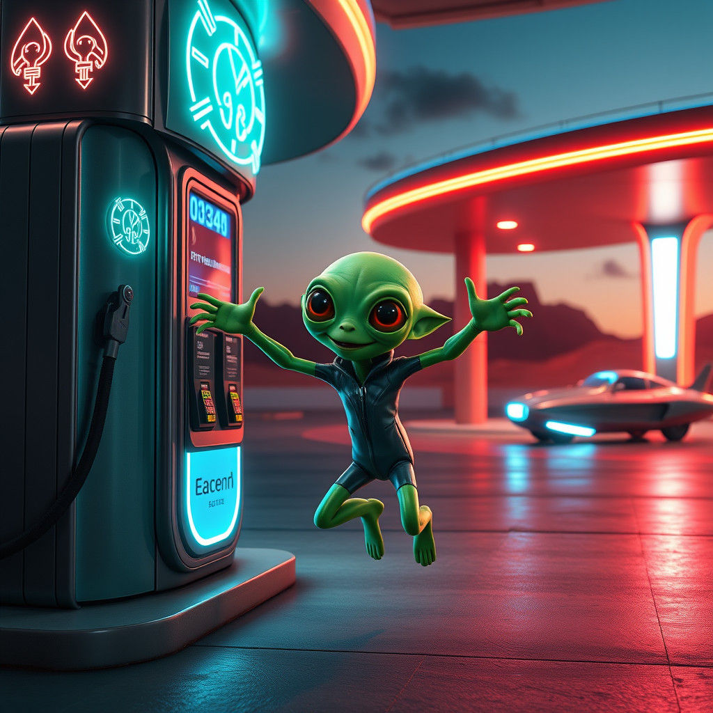 Green Alien at Futuristic Gas Station