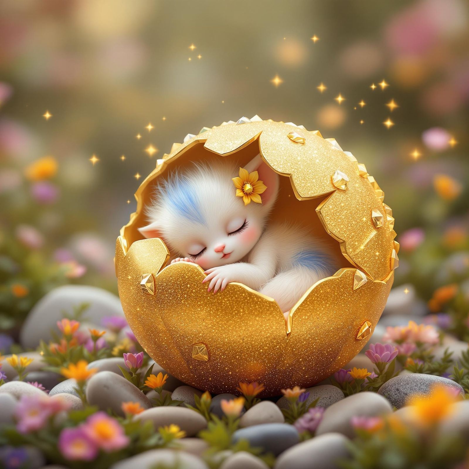 Mythical Creature in a Golden Eggshell Amidst a Dreamlike Sc...