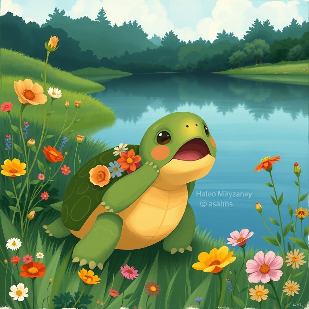 Singing Turtle in Lush Landscape, Whimsical Art