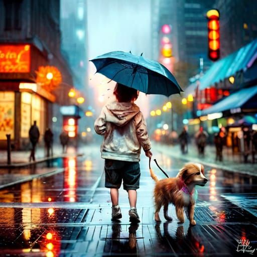 Adorable Puppy in Rainy Street: Hyperreal Splash Art