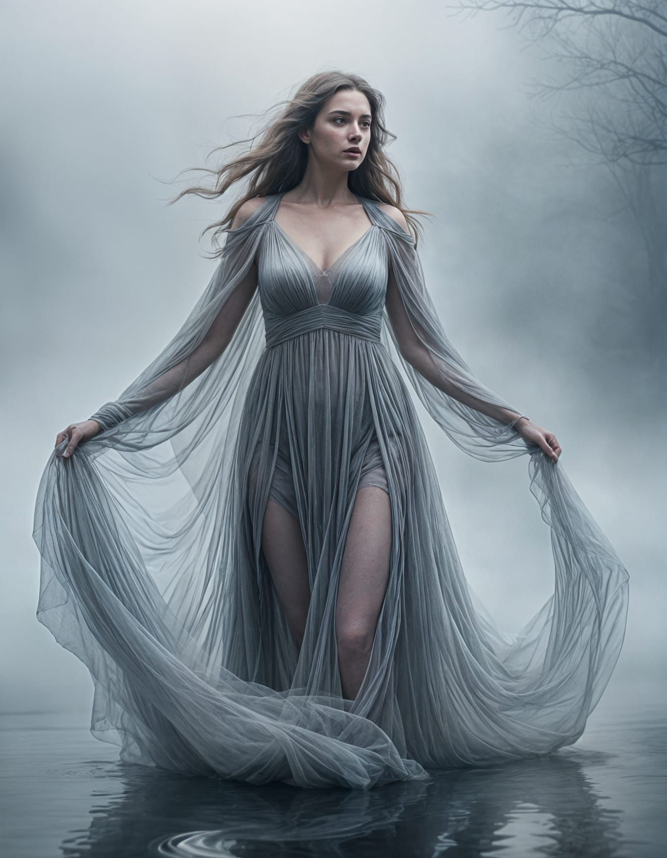 Ethereal Plus-Size Woman Floating in Mist