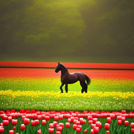 Friesian Horse Running Through Tulip Field