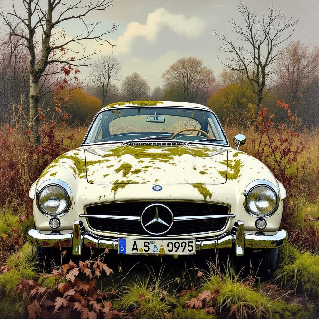 Moss-Covered Mercedes 300 SL in Ruined Field