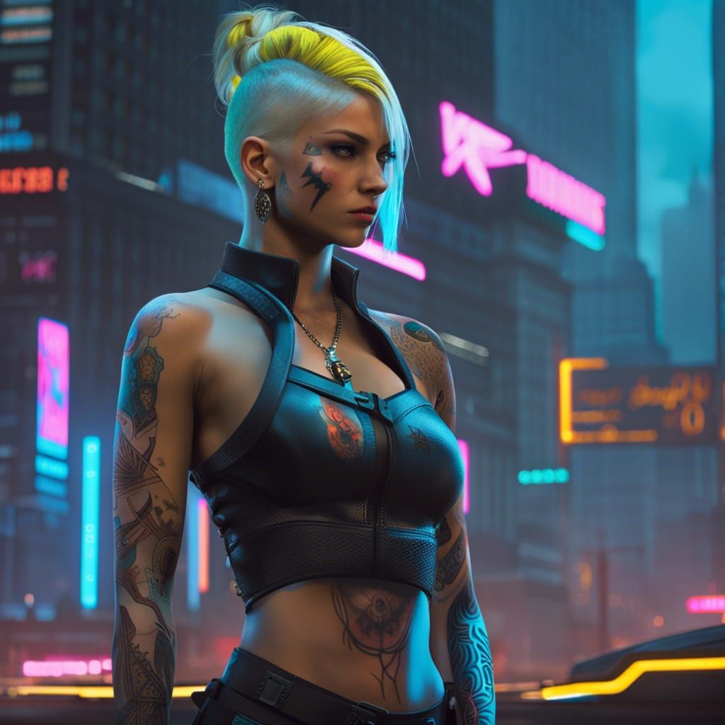 Cyberpunk Viking Woman in Neon Cityscape