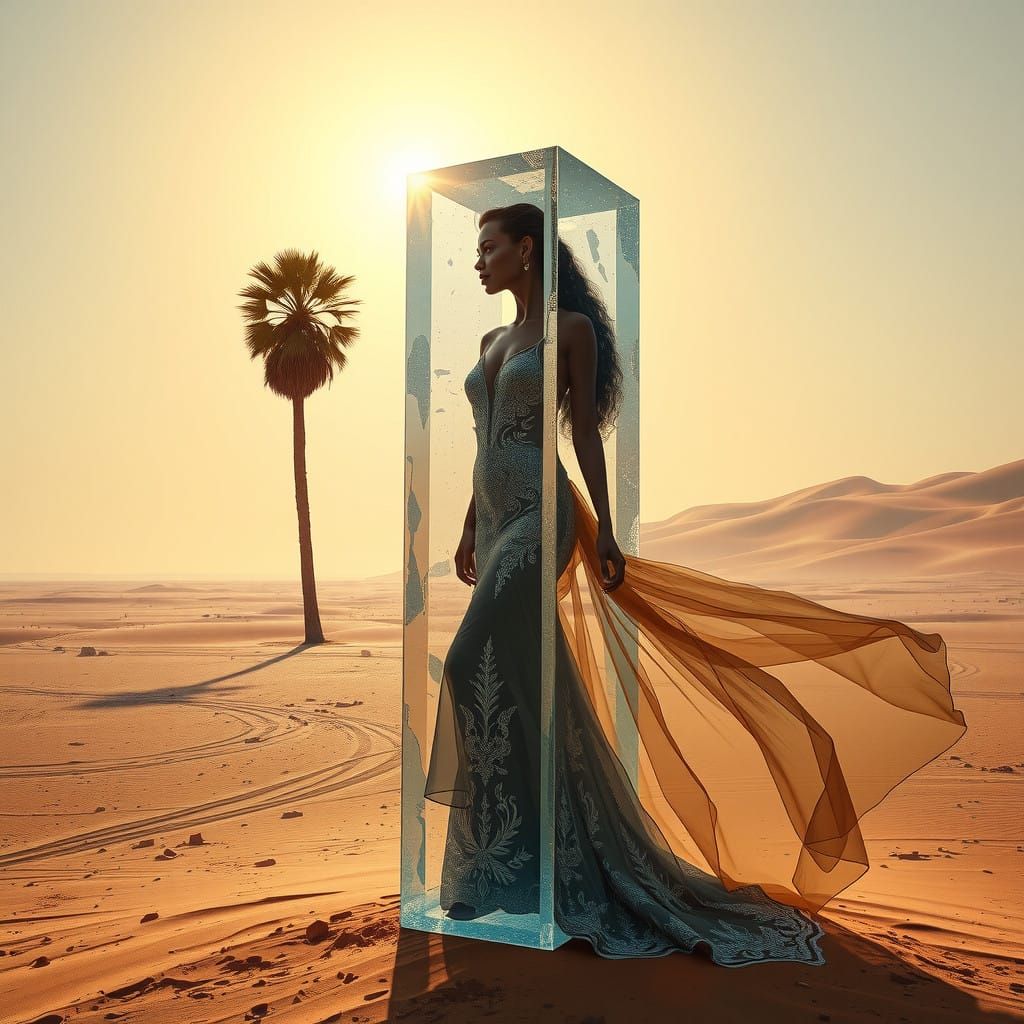 Stunning Woman Trapped in Ice, Surrounded by Arid Desert and...