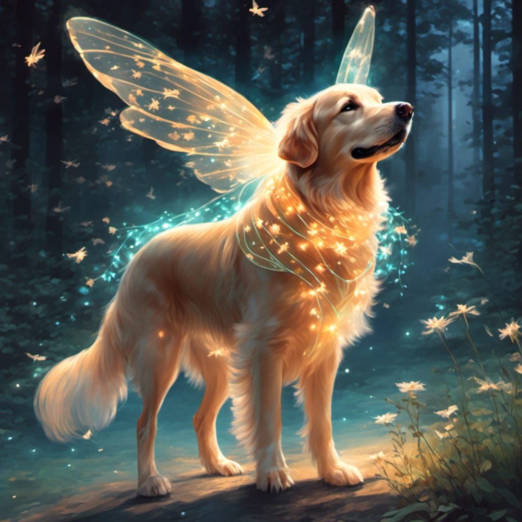 Golden Retriever with Lighted Fairy Wings