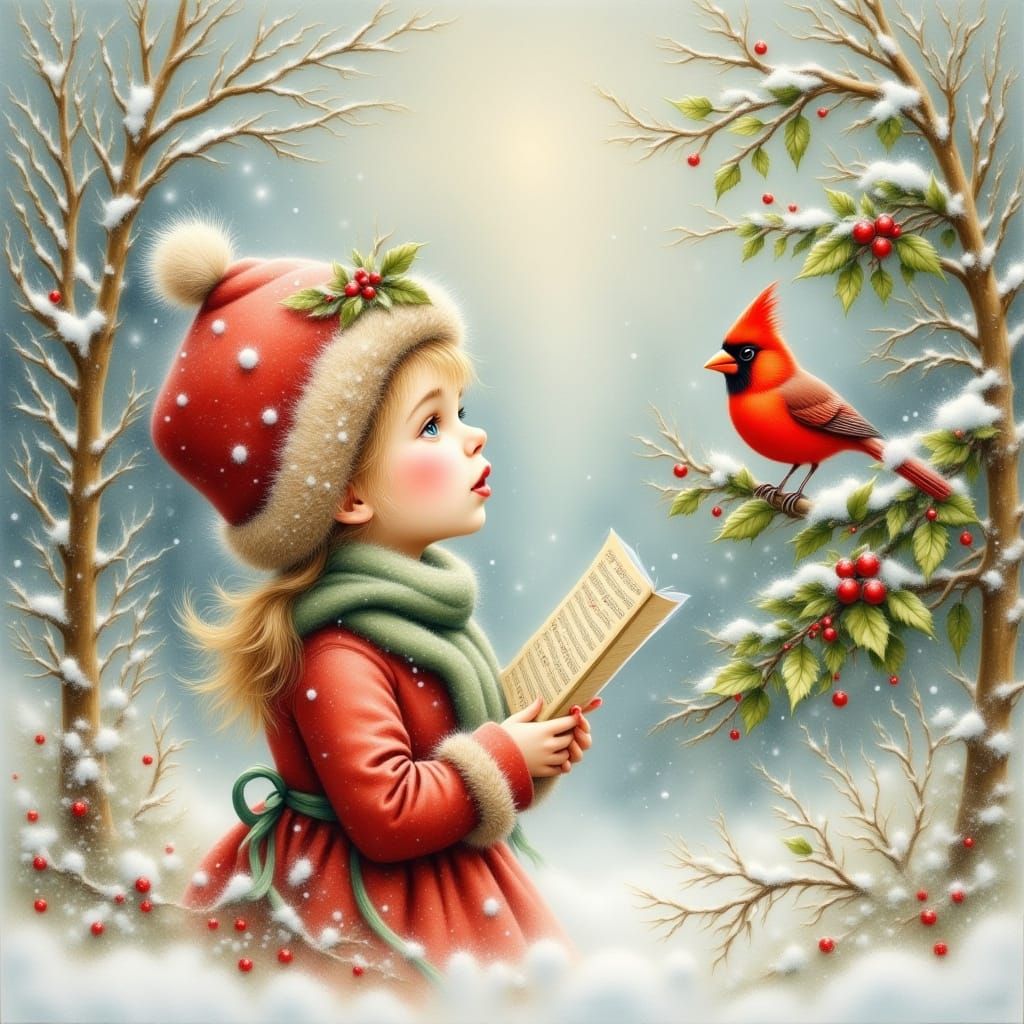 Whimsical Winter Scene: Girl and Cardinal in Oil Painting St...