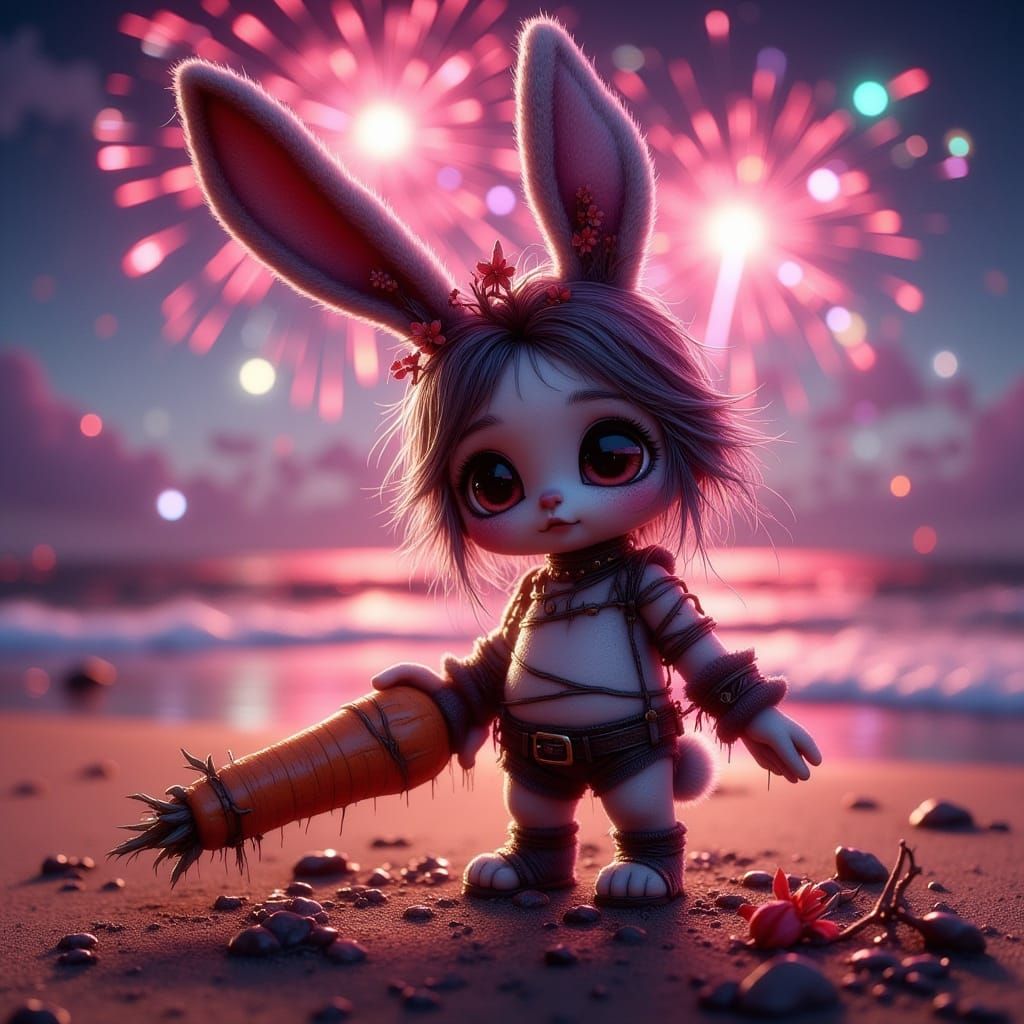 Gothic Bunny Enjoys New Year Fireworks by the Sea