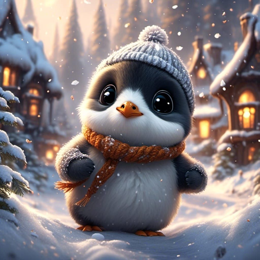 Cute Penguin Playing in the Snow