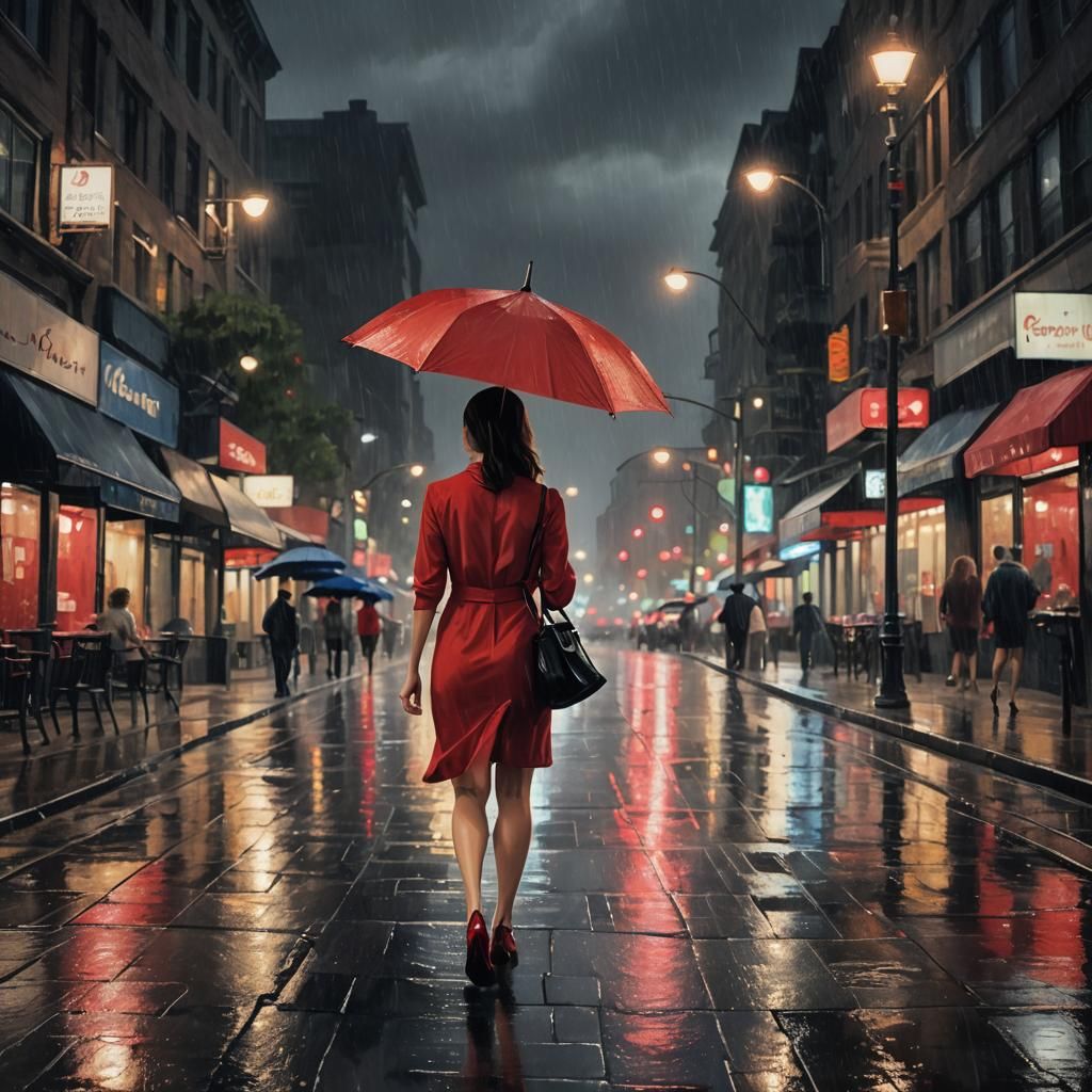 Woman in Red Dress Walks in Rainy City