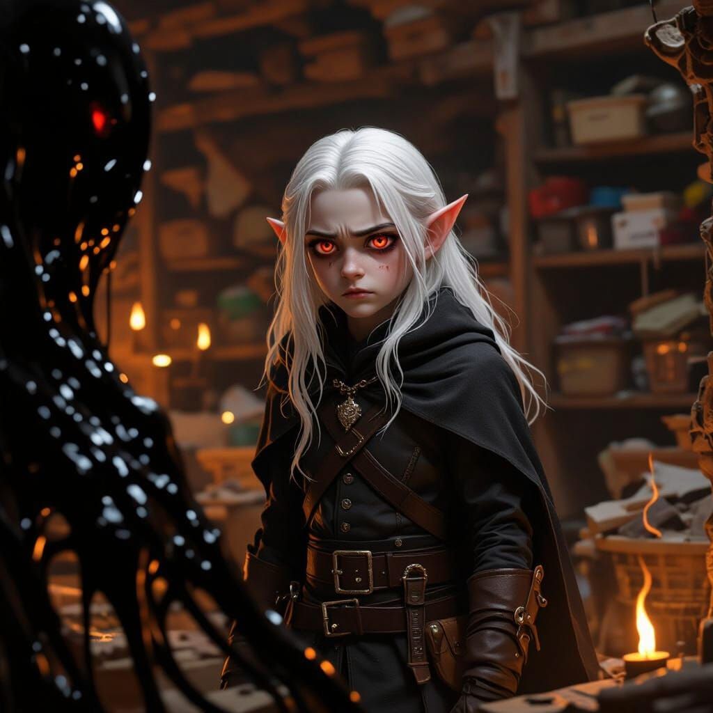 Albino Drow Boy Confronts Shadow Creature
