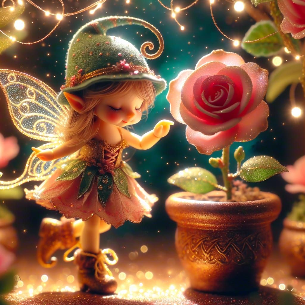 Enchanted Elf Dancing by Rose Flowerpot