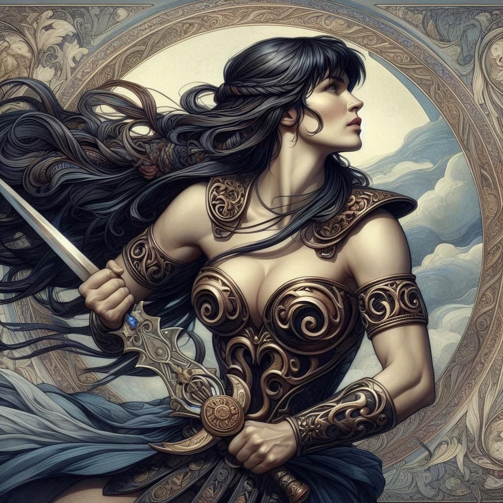 Xena Warrior Princess Portrait in Art Nouveau Style