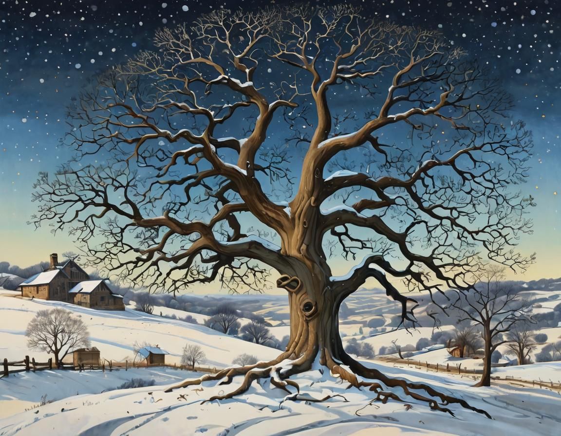 Oak Tree in Snowy Landscape Painting