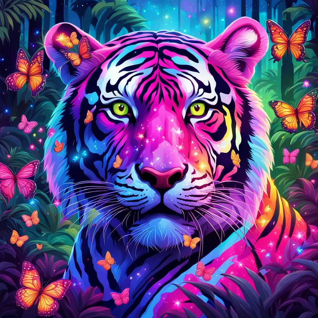 Rainbow Tiger in Fantasy Jungle: Neon Art