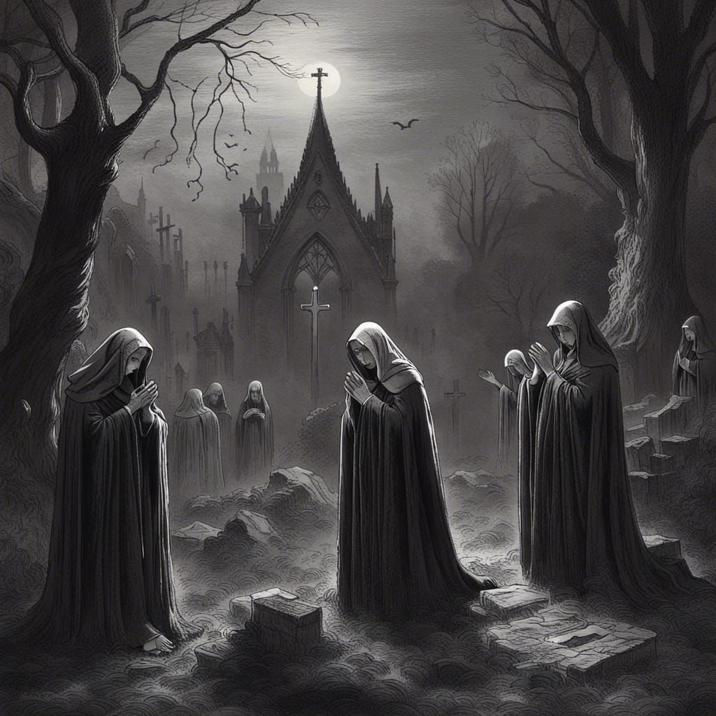 Medieval Nuns Praying in Sinister Graveyard, Doré Style