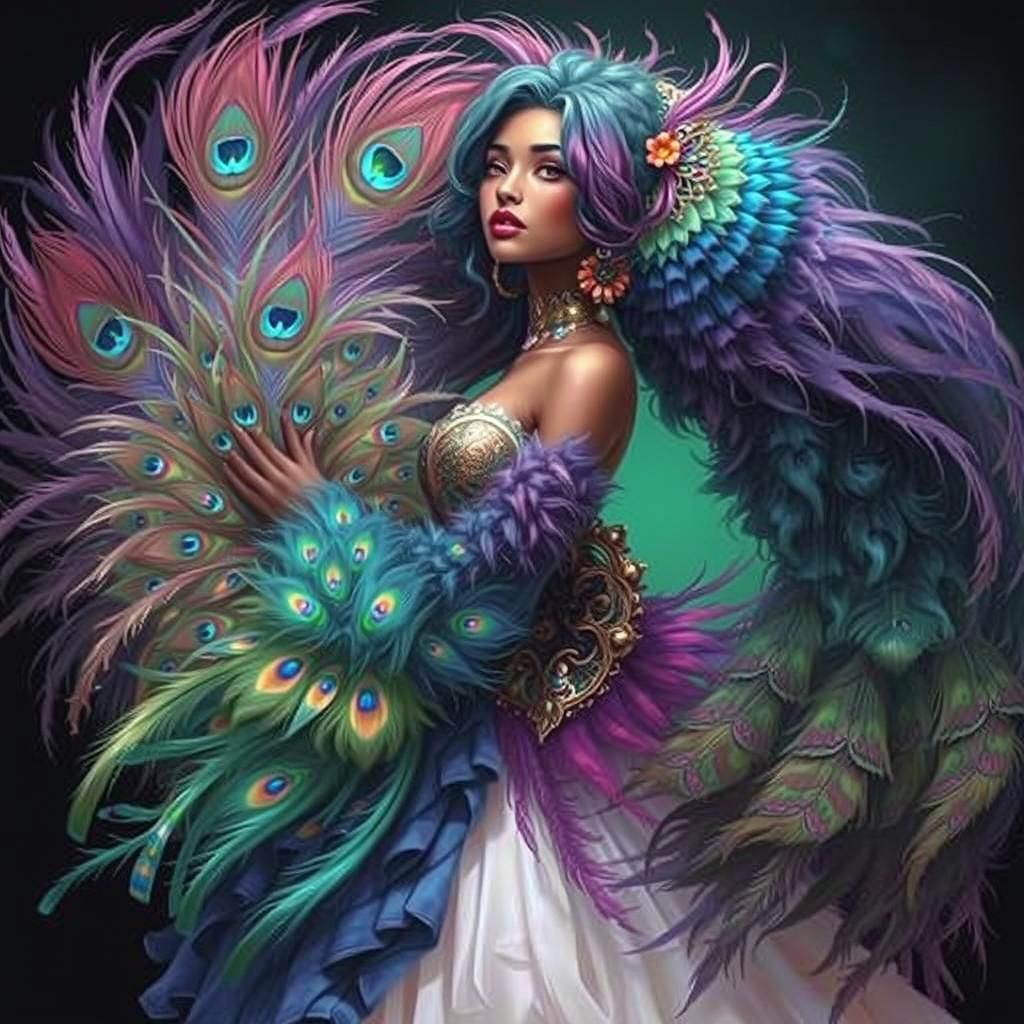 Iridescent Woman with Peacock Hair in Surreal Style