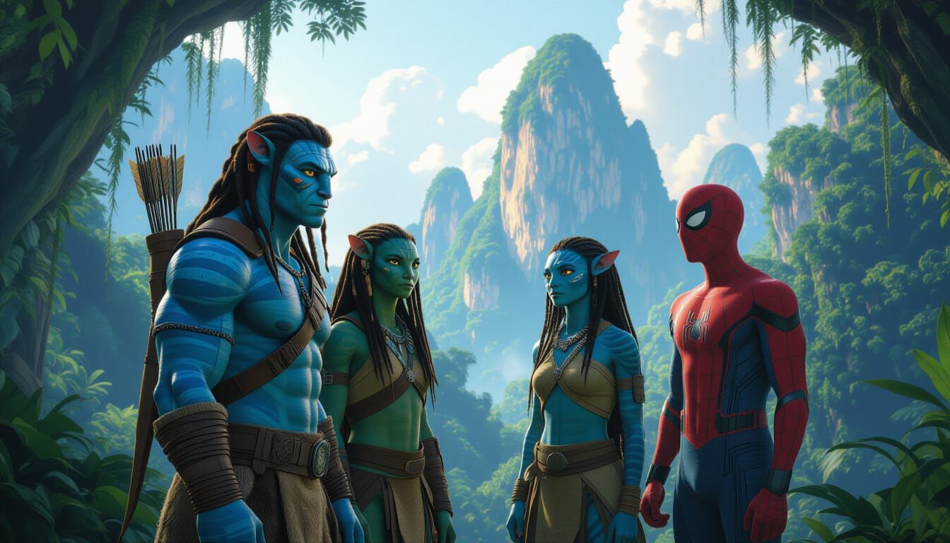 Na'vi Confronts Spiderman in Pandora Jungle