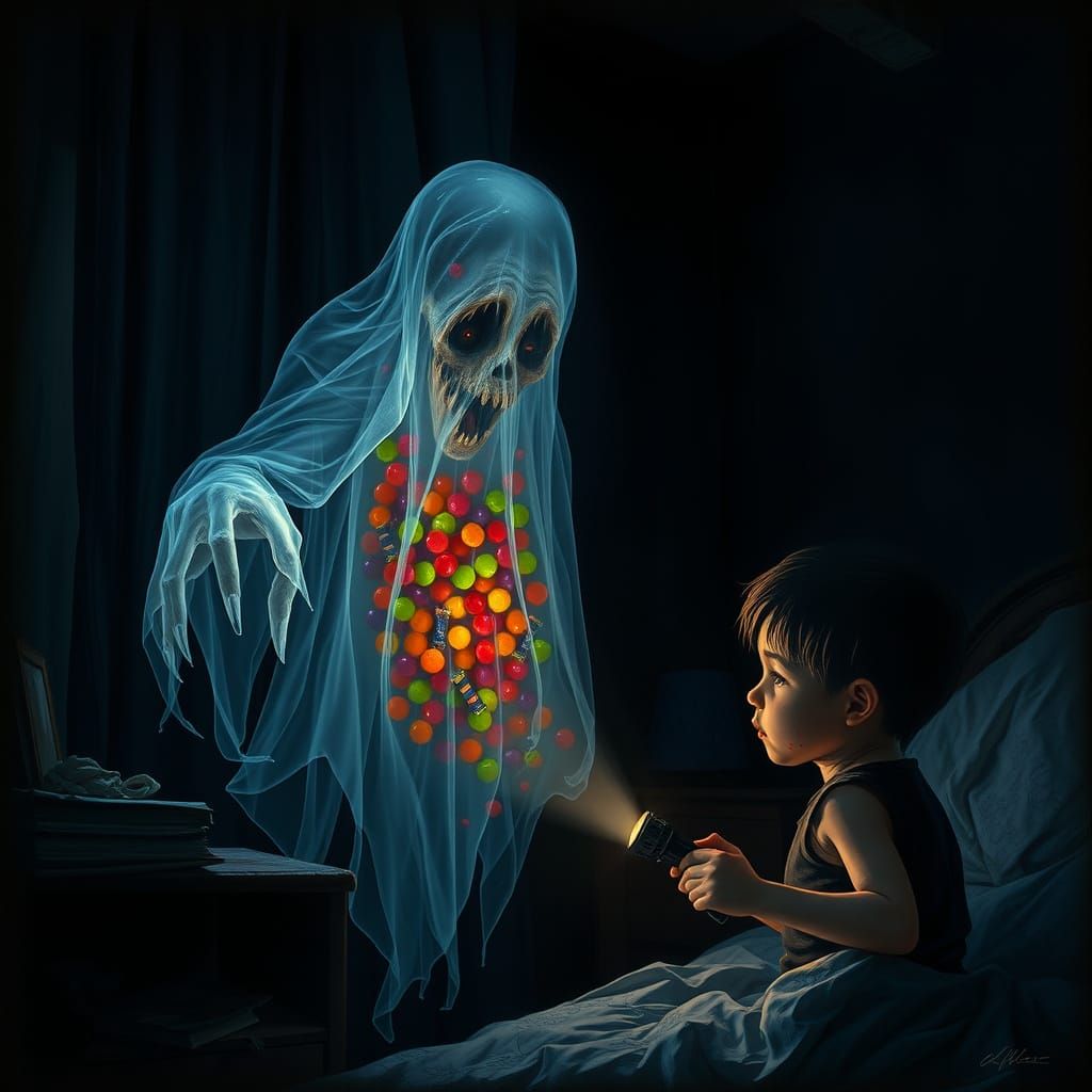 Scared Child Confronts Candy Ghost in Dark Room